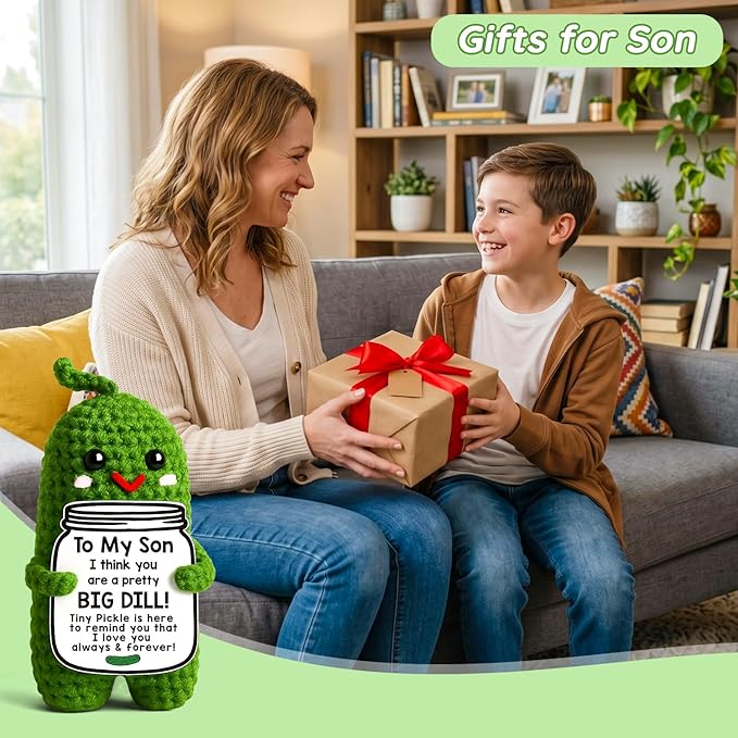 MAMAGIFTREE Son Gifts from Mom Dad, Fathers Day Birthday Gifts for Teens Boys, Handmade Crochet Pickle Graduation Gifts for Adults Son in Law Bonus Step Best Son Ever Gift