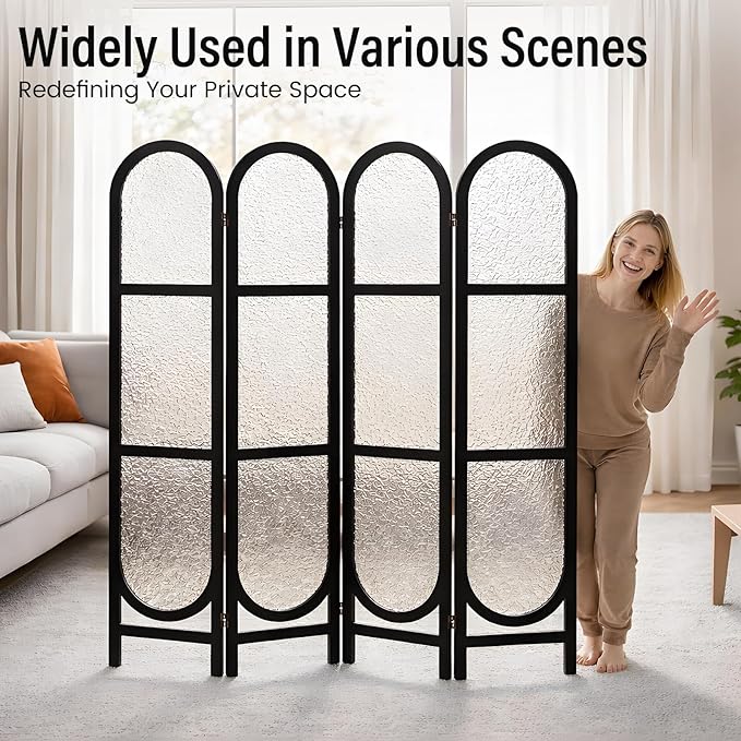 Acrylic Room Divider 4 Panel 67" Tall Arched Room Divider and Privacy Screen with Solid Paulownia Wood Frame, Freestanding Partition Divider for Room Separation, Home, Bedroom - Black