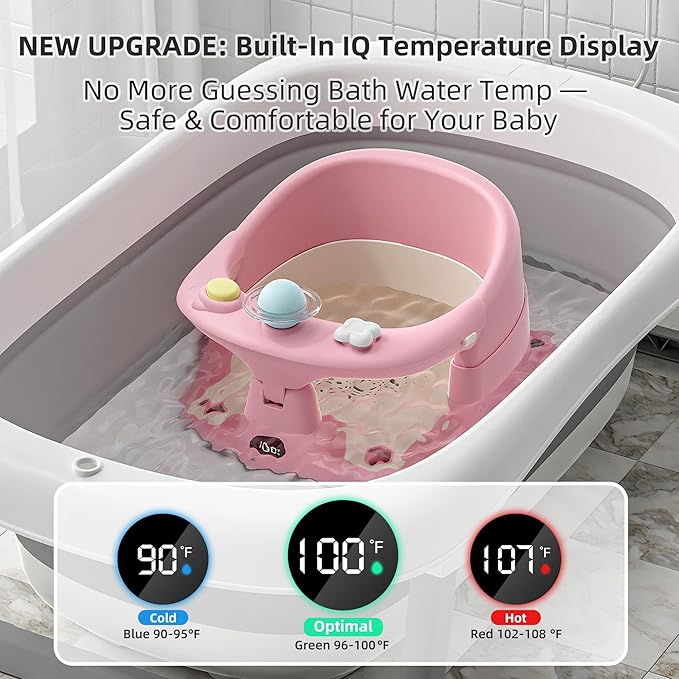 Baby Bath Seat for Babies 6 Months & up with Thermometer, Non-Slip Toddler Bath Seats for Sitting Up, Safe Infant & Newborn Bathtub Chair with 4 Suction Cups, Soft Cushion & Temperature Display, Pink