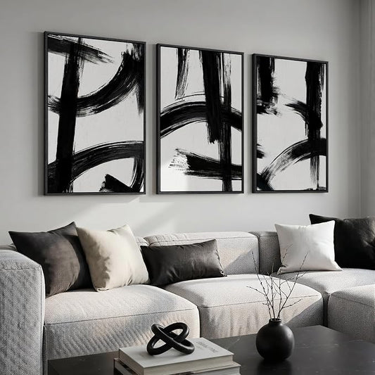 Large Framed Black and White Abstract Wall Art for Living Room, 3 Piece Big Canvas Prints Paintings Artwork for Walls, Modern Minimalist Pictures Wall Decor for Bedroom Office Hallway, 24x36 In
