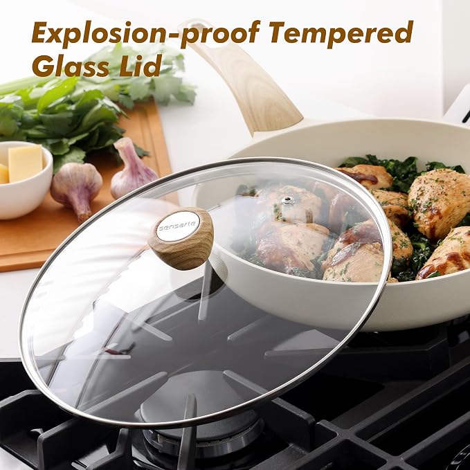 SENSARTE 9.5inch Ceramic Nonstick Frying Pan Skillet with Lid, White | Non Stick Omelet Pans, Non-toxic Healthy Kitchen Cooking Chefs Pan, PFOA/PFAS/PTFE Free, Induction Compatible