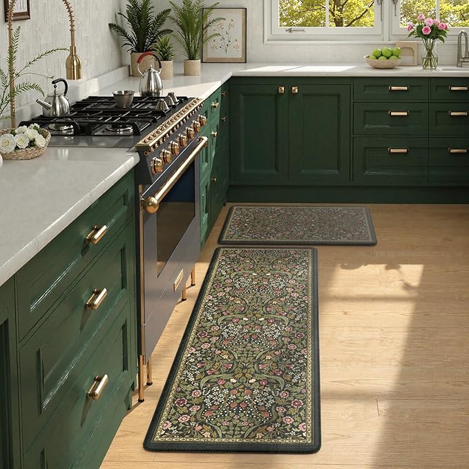 Collive Kitchen Mats for Floor 2PCS, Cushioned Anti Fatigue Rugs Non-Slip Waterproof Kitchen Sink Mat, Green Floral Standing Mat for Bar, Office, Desk, Home Decor