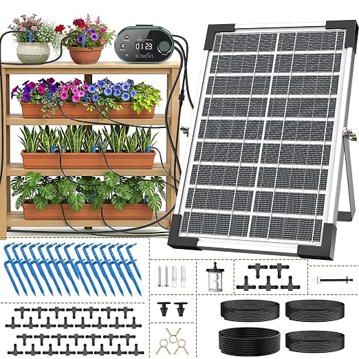 Solar Drip Irrigation System, Auto Plant Waterer for 30 Pots | 8W Solar Powered DIY Watering Device with 22 Timer Modes, HD LED Display, Anti-Siphon, Outdoor Garden Greenhouse