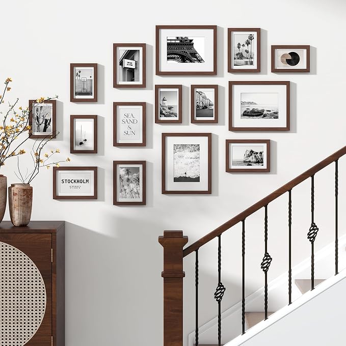 Venusmiles 15 Pack Picture Frames Collage Wall Decor, Gallery Frame Set for Wall Mounting or Tabletop Display, Multi Sizes Including 3pcs 8x10, 6pcs 5x7, 6pcs 4x6, Walnut