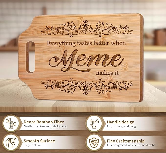 AceThrills Meme Gifts, Meme Mothers Day Gifts for Meme's Birthday, Christmas - 12.3"L × 8.7"W × 0.4"Th Engraved Bamboo Cutting Board