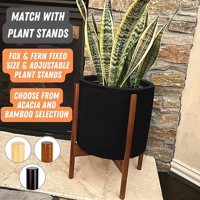 Fox & Fern Large Indoor Planter, Modern Large Plant Pot for Indoor or Outdoor, UV and Frost Resistant - 12 Inch, Matte Black Flower Pot with Drainage Plug, Lightweight