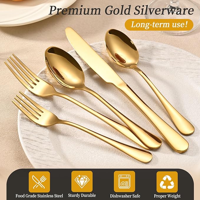 60 Piece Gold Silverware Set for 12, Bulk Stainless Steel Gold Flatware Cutlery Set Food Grade Utensil Set Include Forks Knives Spoons for Home Kitchen Restaurant Wedding, Dishwasher Safe