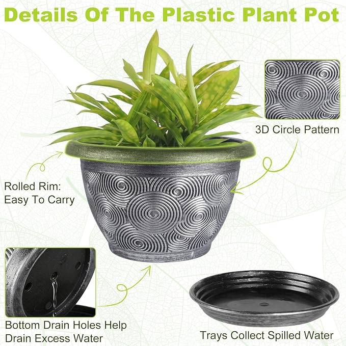 14-Inch -Plastic-Pots -For-Plant With Saucer, 4 Pack Outdoor Planters With Drainage Holes, Decorative Flower Pots For Indoor Plants, Modern 3D Swirl Silver Large Plant Pots With With Removable Tray