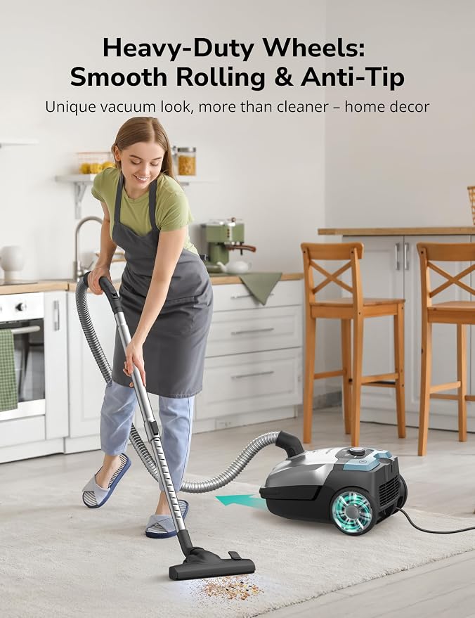 Aspiron Canister Vacuum, 1700W/45KPA Bagged Vacuum Cleaner, 5L Large Capacity, Auto Cord Rewind, HEPA Filter, Low Noise, 8M Cleaning Radius, Easy to Push, for Hard Floor, Low Pile Carpet, Crack, Car