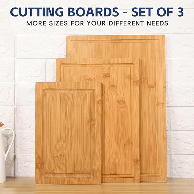 Hiware 3-piece Bamboo Cutting Boards for Kitchen, Heavy Duty Bamboo Cutting Board with Juice Groove, Wood Cutting Board Set for Meat, Vegetables