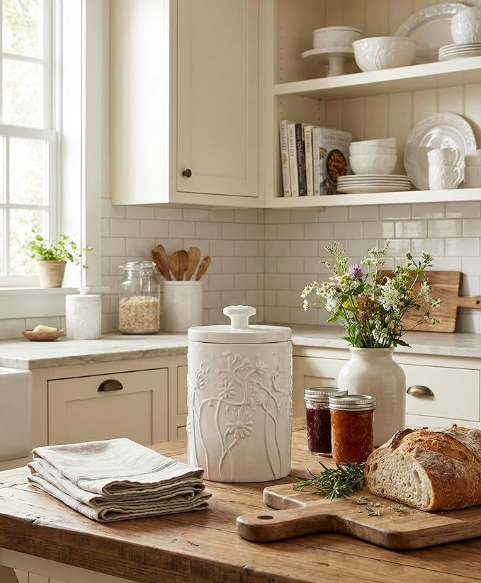 Ceramic Larger Swaying Flowers Kitchen Canister Airtight Coffee Canister For Ground Coffee Sugar Tea Storage Container White Cookie Jar For Kitchen Counter Kitchen And Bar accessories Holder
