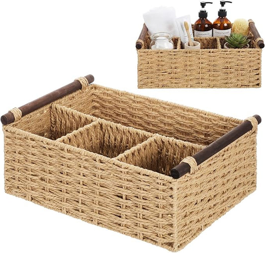 Remerry Beige Bathroom Countertop Organizer Caddy, Wicker-Like Divided Basket with Handle and Metal Frame, 4 Compartment, Paper Rope Storage Organizer for Vanity Kitchen (10.24 x 7.87 x 3.94 in)
