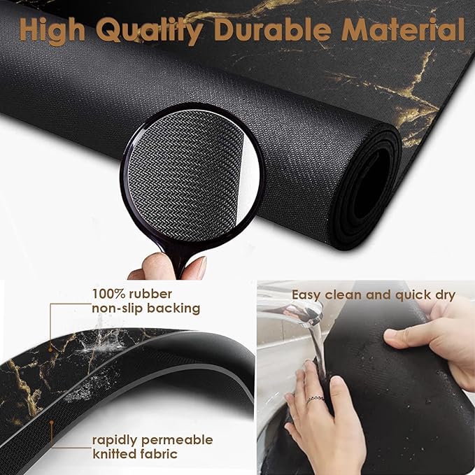 Arttown Coffee Mat for Countertops, Marble Black Gold Dish Drying Mat 2 Pcs for Kitchen Bar Accessories, Fit Under Coffee Maker Espresso Machine Dish Rack Hide Stain Rubber Backed 12x19in