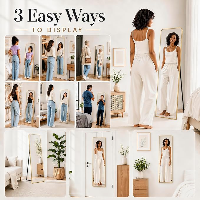 SCWF-GZ 57x20 Full Length Mirror Over The Door Hanging, Floor Stand/Wall Mounted Aluminum Alloy Frame Dressing Mirror for Bedroom Living Room 57 inch Gold