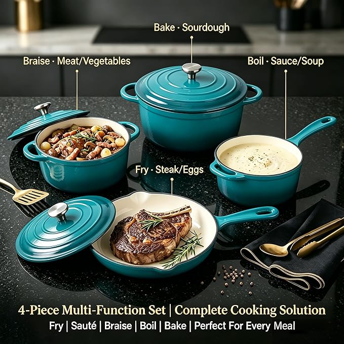 QuliMetal Enameled Cast Iron Cookware Set, 4-Piece Pots and Pans Set with Lids, 10.25" Skillet, 2QT Saucepan, 2.8QT & 4.8QT Dutch Ovens, Oven Safe to 500°F, All Stovetops Compatible - Teal