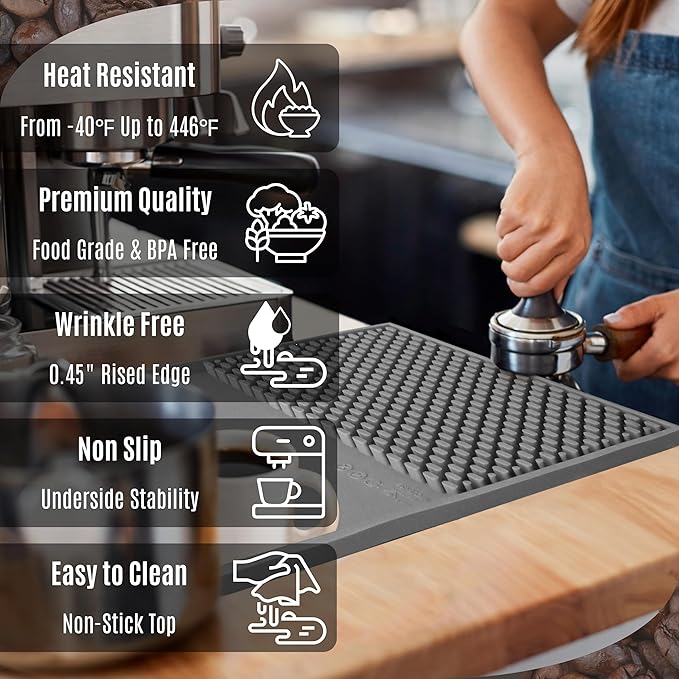 Coffee & Bar Mat For Countertop With "Edge Protection" – Espresso Machine & Coffee Maker Mat – Silicone Heat Resistant Mat – Non-Slip & BPA-Free Food Grade Mat – 12"(Front) x 24"(Length), Gray