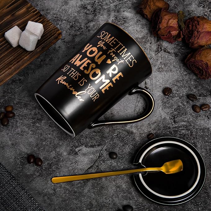Anniversary Birthday Thank You Gifts for Men, Sometimes You Forget You're Awesome - 14oz Unique Black Ceramic Inspirational Mug with Gold Print, Funny Valentines Day Presents for Boyfriend Husband Him