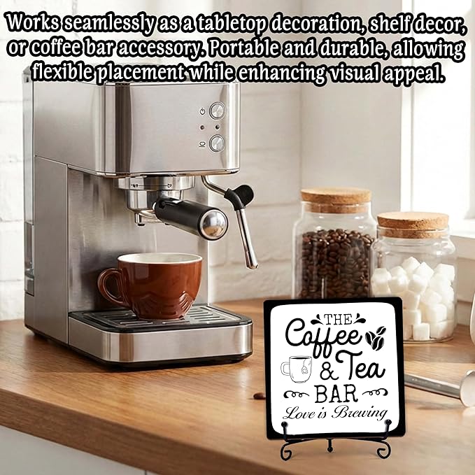 Coffee Bar Sign, Love is Brewing Farmhouse Tabletop Decor, Coffee and Tea Lover Gifts, 5x5 Wood Plaque with Iron Stand for Home Kitchen Cafe, Coffee Bar Decor – L06