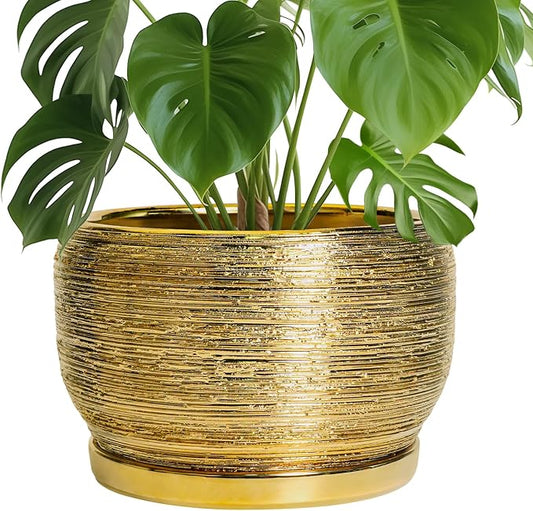 SQOWL Ceramic Planter for Indoor Plants - 10 Inch Plant Pot with Drainage Hole and Saucer, Modern Round Planter Outdoor, Large Decorative Flower Pot, Apartment Decor, Birthday Gifts, Gold