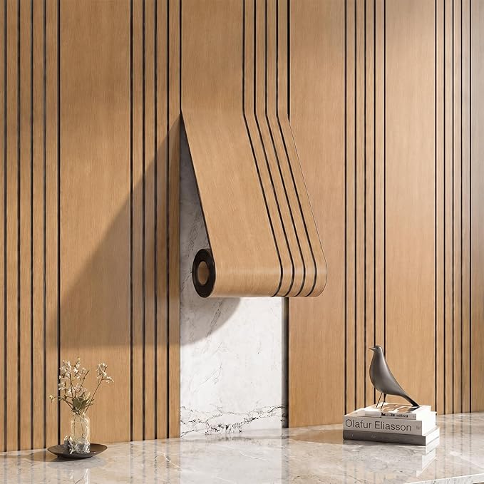 Geelin Peel and Stick Wood Slat Wall Panels for Interior 15.7" x 118" Self Adhesive PVC Thick Faux Oak Wood Grain Wallpaper 3D Soundproof Acoustic Wall Panels for Walls & Ceilings