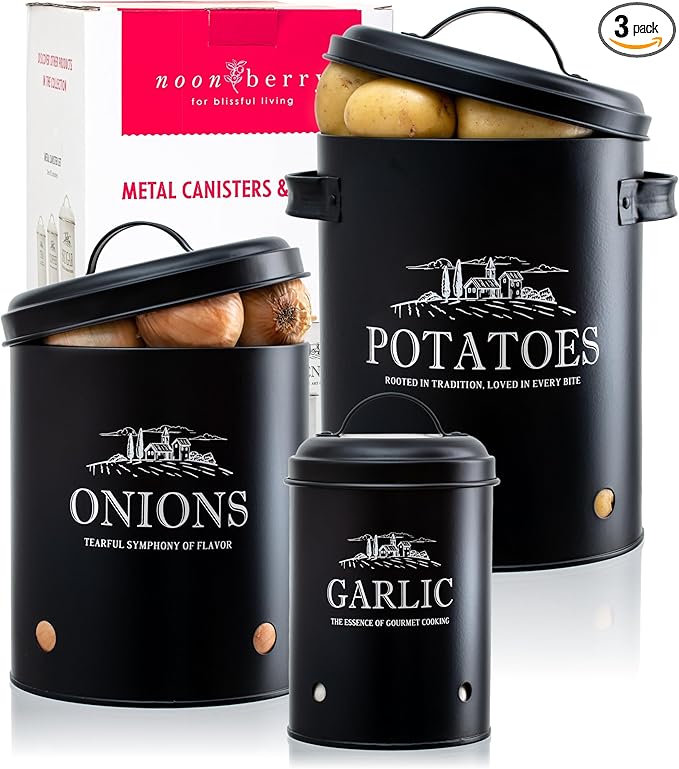 noonberry Potato and Onion Storage Bin Set – 3-Piece Ventilated Potato Storage Bin, Onion Storage Container and Garlic Container – Matte Black Finish