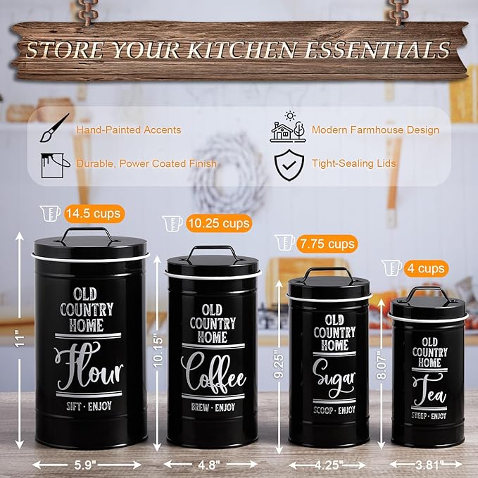 DAYYET Black Canisters Sets for the Kitchen, Airtight Kitchen Canisters for Countertop, Flour and Sugar Containers, Tea Coffee Sugar Canister Set, Black Kitchen Decor and Accessories, Set of 4