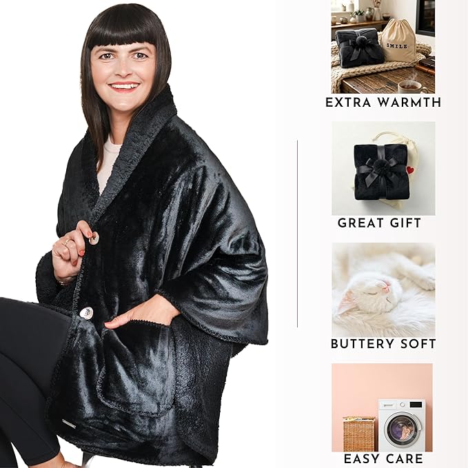 EzrAllora Premium Double Layer Wearable Blanket for Women -Drape and Go No Sleeves- Easy On Easy Off - Black Shawl with Pockets- Wrap Blanket - (Velvet Black)