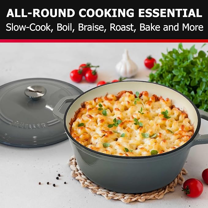 Mueller 6 Quart Enameled Cast Iron Pot Dutch Oven, Heavy-Duty | Oven-Safe up to 500°F & Across All Cooktops, Casserole Dishes for Ovens, Bread Pan with Lid & Knob, Cast Iron Cookware, Grey
