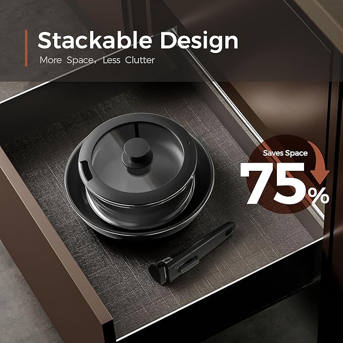 5pcs Nonstick Cookware Set, Diamond-Titanium Ceramic Coating & 3 Layer Stainless Steel Pots and Pans Set with Detachable Handle, Dishwasher Safe, Induction Compatible, Oven Safe, Black