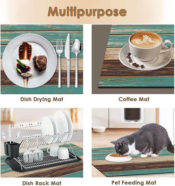 Arttown Coffee Mat for Countertops, Farmhouse Teal Brown Wood Dish Drying Mat 2 Pcs for Kitchen Bar Accessories, Fit Under Coffee Maker Espresso Machine Dish Rack Hide Stain Rubber 12x19in
