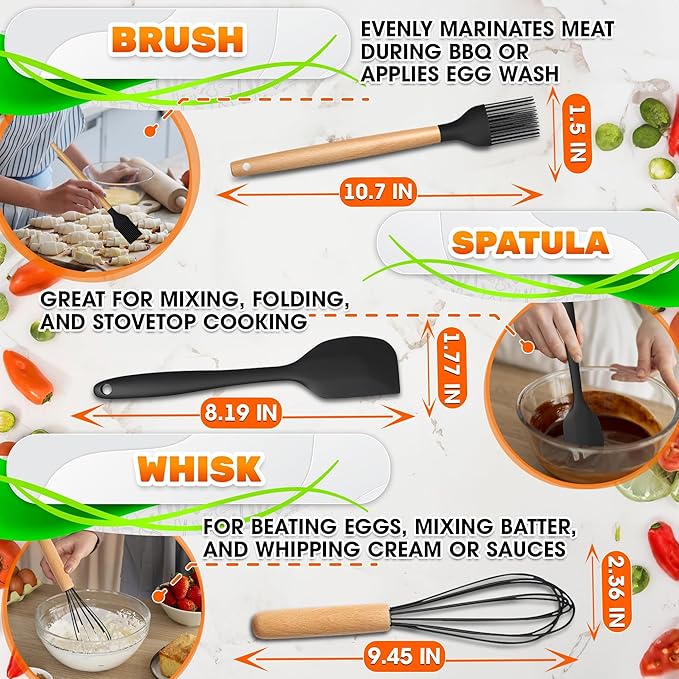 14 PCs Black Silicone Cooking Utensils Set with Holder - Versatile Kitchen Utensils with Sturdy Wooden Handles - Heat Resistance Silicone Kitchen Utensil Set with Holder for All Cooking & Baking Needs