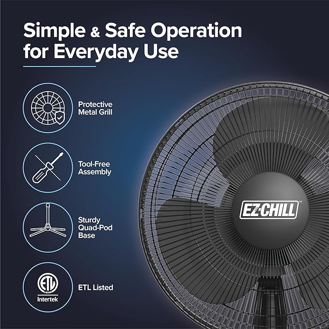 EZ-Chill 16” Oscillating Pedestal Fan, 3-speed Options, 90-Degree Oscillating Head, Adjustable Height and Tilt, Powerful Air Flow, Black, MTFS-16B-BLK