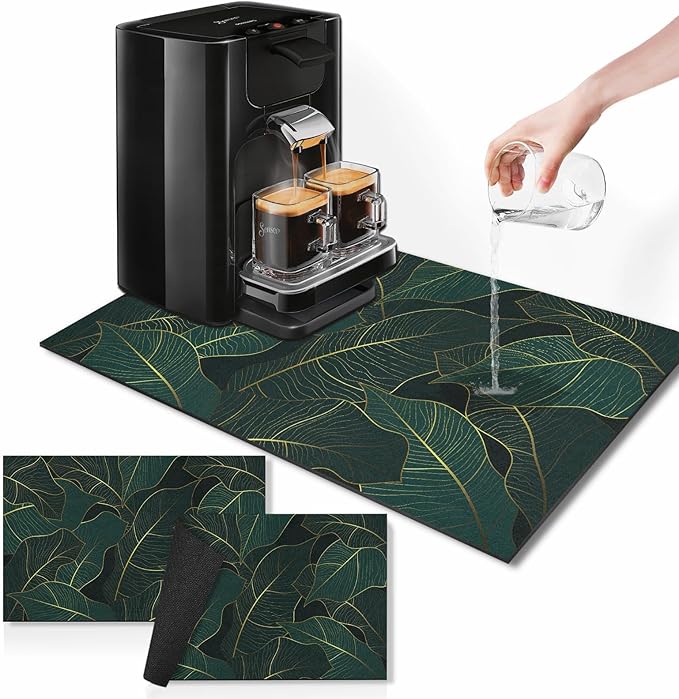Arttown Coffee Mat for Countertop, Golden Banana Leaf Emerald Green Dish Drying Mat 2 Pcs for Kitchen Bar Accessories, Coffee Maker Espresso Machine Rubber Backed 12x19in