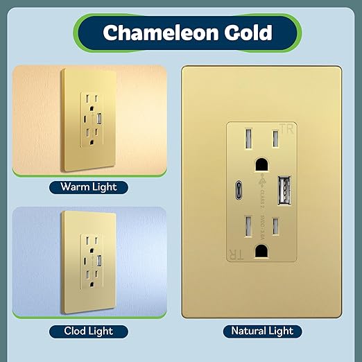 TOPGREENER USB Outlet, Type C & Type A Wall Outlet, 15 Amp Tamper Resistant Receptacle Plug, Charging Power Outlet with USB Ports, Wall Plate Included, UL Listed, TU21536AC-GDWSI-2PCS, Gold, 2 Pack