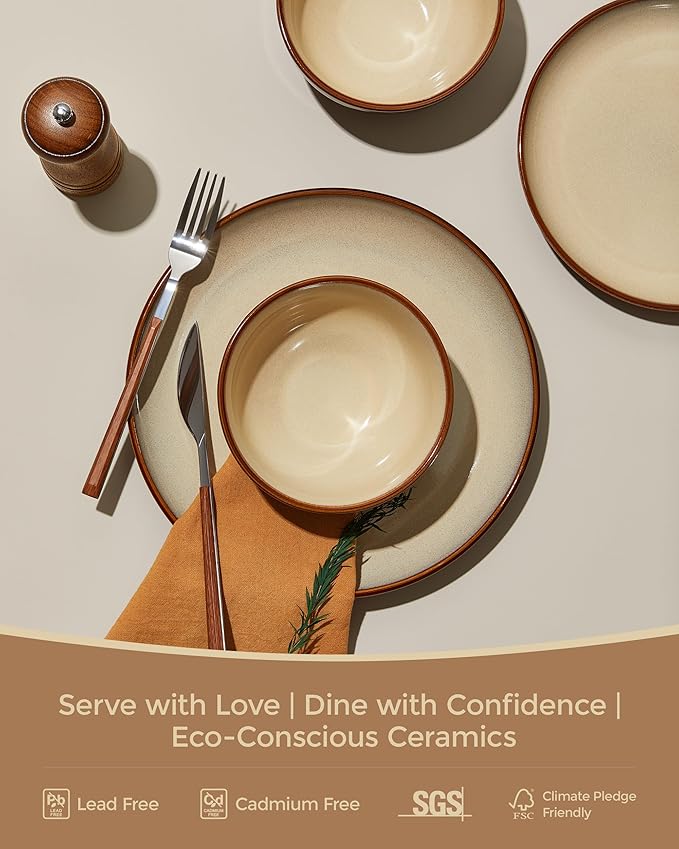 Pokini 24 Piece Double Bowl Dinnerware Sets with Pasta Bowls, Highly Chip and Crack Resistant Plates and Bowls Sets, Natural Earthyware Ceramic Dishware Sets, Service for 6 Brown Yellow