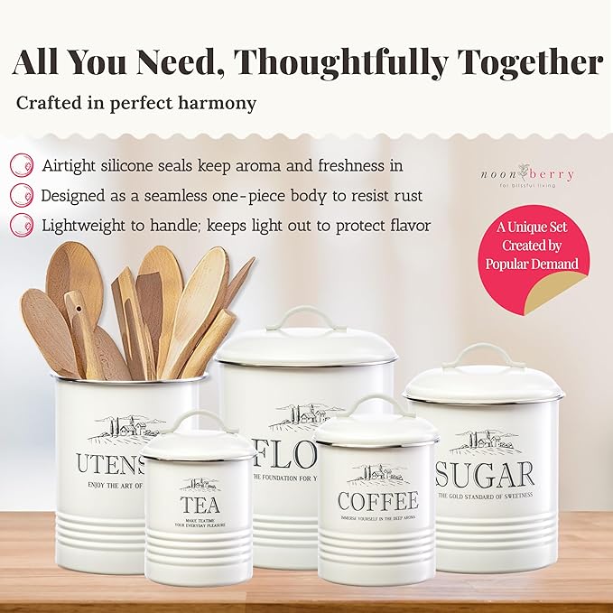 noonberry Kitchen Canisters for Countertop – 5-Piece Airtight Flour Sugar Coffee Tea Kitchen Canister Set with Utensil Holder – Sugar and Flour Containers for Kitchen Counter, Cream-White Finish