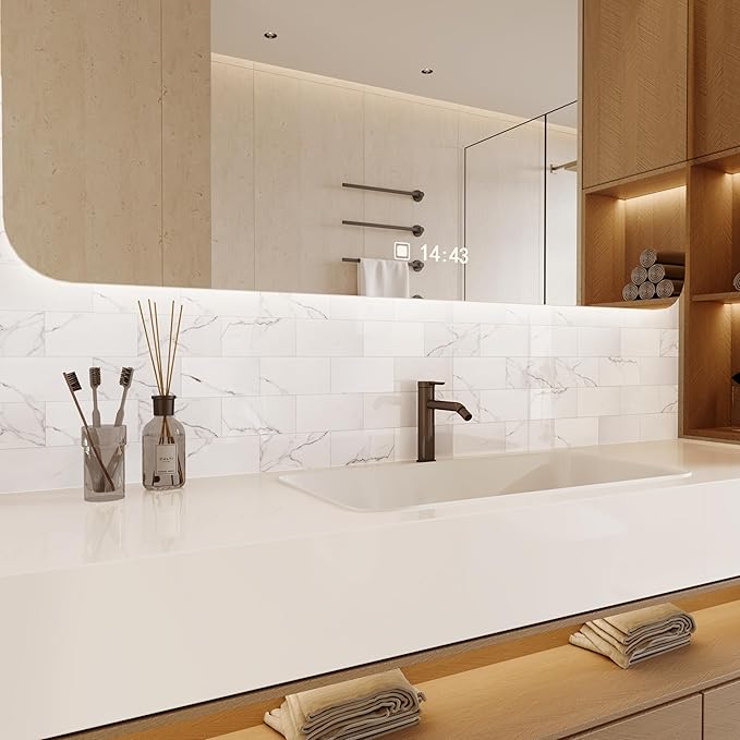 Colamo 6”×12” Swatch Peel and Stick Backsplash,Self Adhesive Faux Stone White Subway Tile for Kitchen, Glossy Carrara Brick Marble Tile Look,Stick on Accent Wall for Bathroom,Vanity,Laundry,Stove