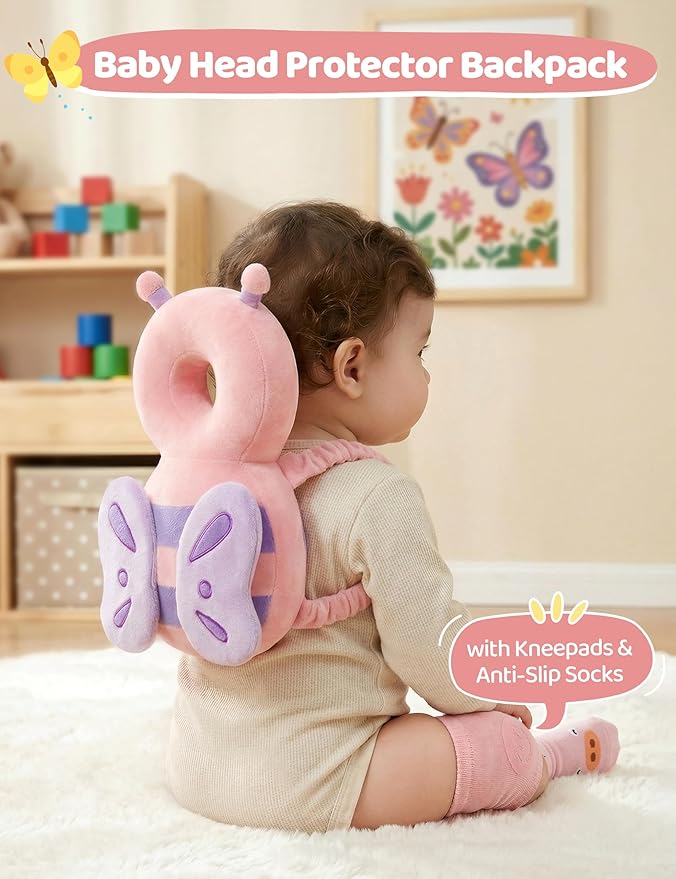 JunNeng Toddler Baby Head Protector Backpack for Toddler Walker with Knee Pads&Anti-Slip Socks, Butterfly