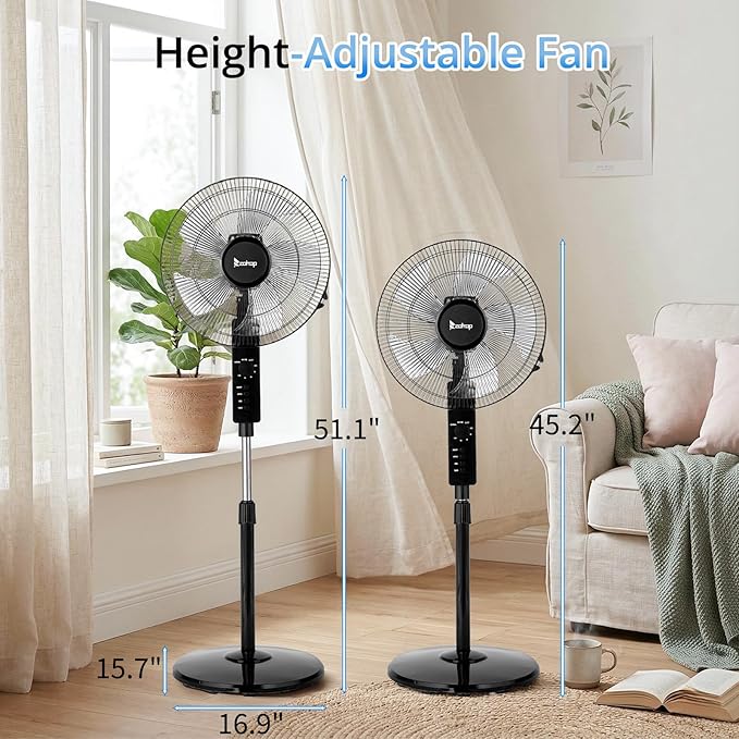 Winado 16 inch Oscillating Pedestal Fan with Remote Control, 3-Speed Stand Fan, High Velocity, Adjustable Height & Tilt, 7.5H Timer, Quiet Standing Fan for Bedroom, Living Room, Office, Black