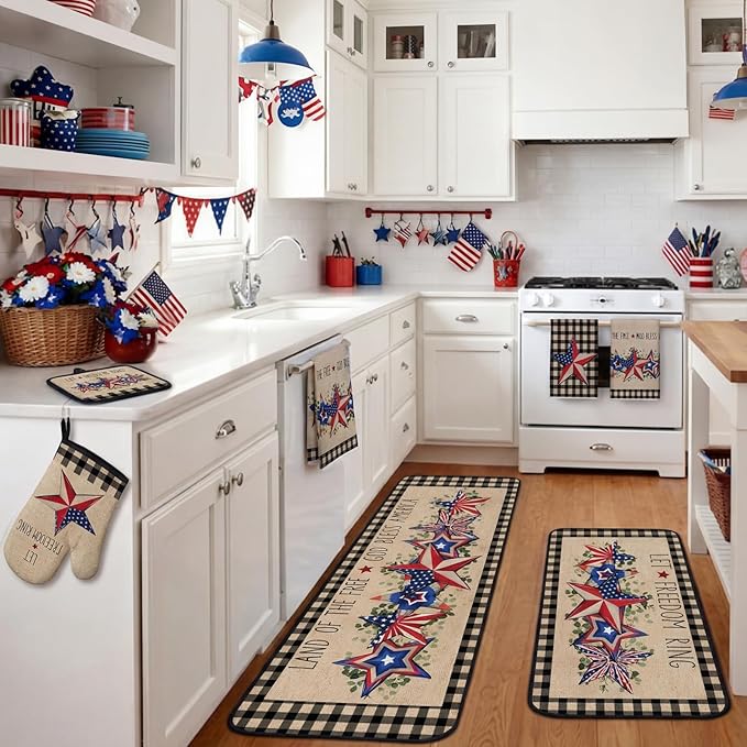 Fourluoo 10 Pcs 4th of July Kitchen Decor and Accessories Red Blue and White Oven Mitts and Pot Holders Set Vintage Dish Towel Patriotic Independence Day Kitchen Decor for 250th Anniversary Women Gift