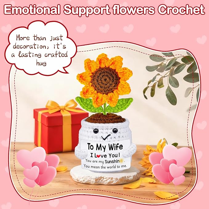 Qunland Mothers Day Her Gifts for Wife from Husband, to My Wife Handmade Crochet Sunflower Doll, Mother's Day Anniversary Wedding Birthday Gifts for Women Her, I Love You Romantic for Wifey
