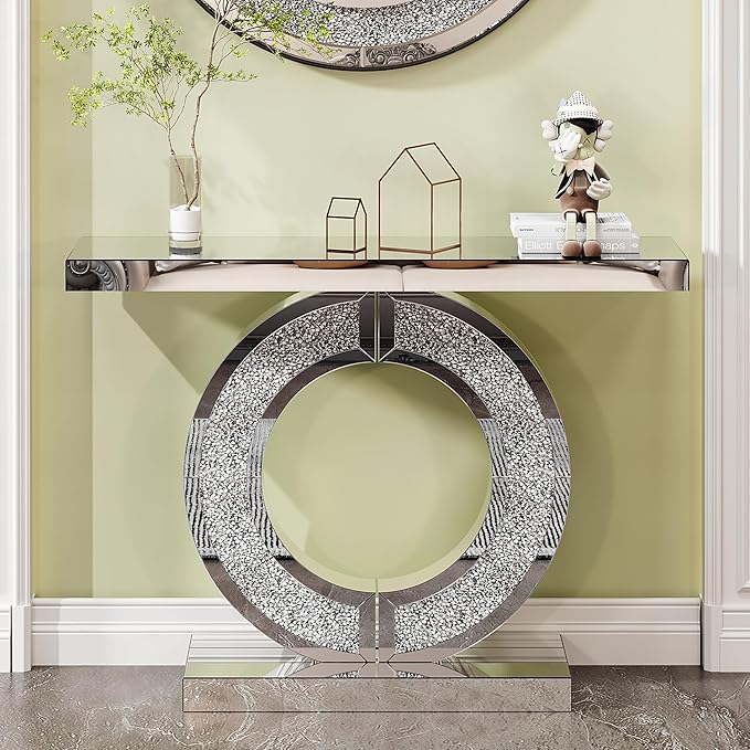 SSLine Mirror Console Table for Living Room 43" Modern Mirrored Entryway Table with Crystal O-Shape Base Luxury Silver Foyer Tables for Entryway Hallway