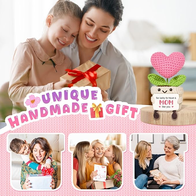 Cute Mom Gifts, Mini Handmade Crochet Pink Heart Flower, Birthday for Mom from Daughters Son