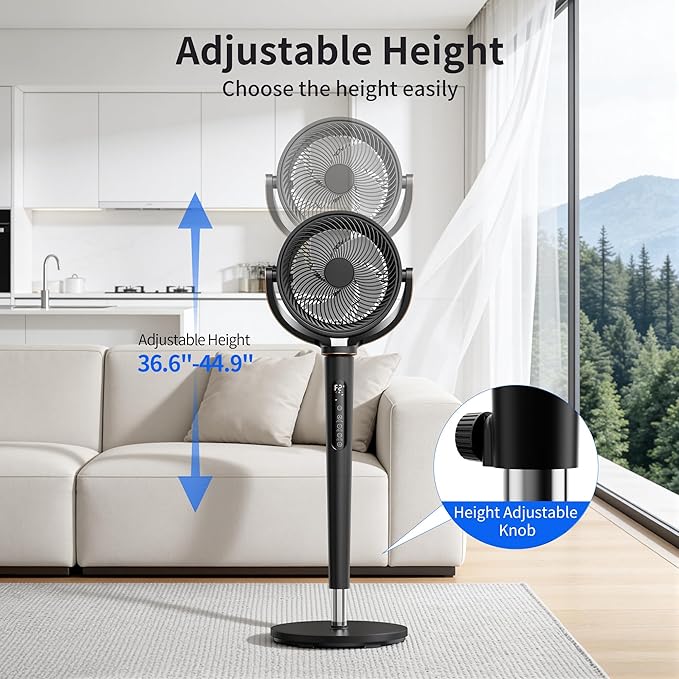 AKIRES Pedestal Fan for Bedroom,120°+120°Omnidirectional Oscillating Standing Fan,Quiet Floor Fan with DC Motor