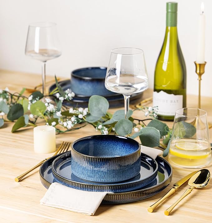 TheTerra Ceramic Dinnerware Sets for 6, 18 Pieces Porcelain Lightweight Plates and Bowls Sets, Scratch Resistant Dish Set, Oven & Microwave & Dishwasher Safe, Starry Blue