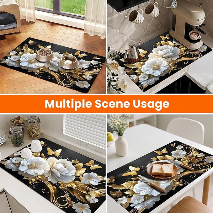 Coffee Mat 17"x32" - Extra Large Absorbent Non Slip Dish Drying Mat,Coffee Bar Accessories,Kitchen Counter Protector for Coffeemaker, Sink, Dining Decor
