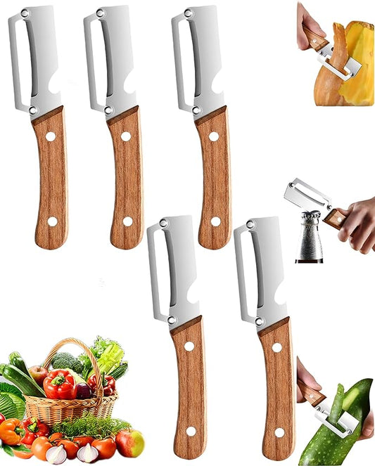 Wooden Kitchen Tool, Multifunctional Vegetable Peeler 2-in-1 with Bottle Opener, Ultra-Sharp Curved Blade, Multi Functional Vegetable Peeler Non-slip Handle for Vegetables or Fruits (5)