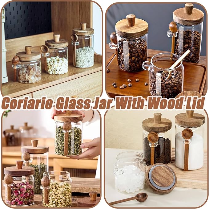 Coriario 20 OZ Glass Jar with Airtight Lid Spoon Clear Glass Candy Jars Wooden Handle Lids Wide Mouth Glass Coffee Storage Canister for Food Kitchen Sugar Cookie Tea Decorative