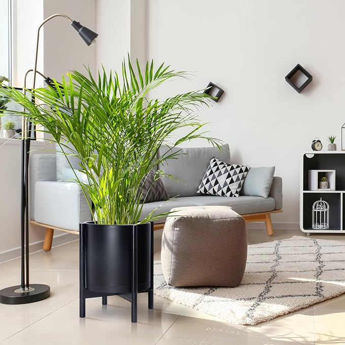 D'vine Dev Plastic Pot with Ebony Wood Stand, Black, 14 in, 55-C-T-2 | Mid-Century Inspired Design, Elevated Plant Display, Clean Lines, Sturdy Support, Modern Space-Saving Style
