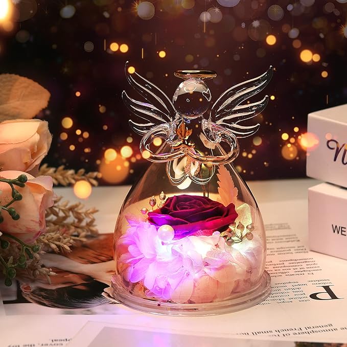 Mothers Day Mom Gifts for Mom,Fresh Flowers for Delivery,Birthday Gifts for Women Her,Preserved Flowers in Angel Figurines,Angel Gifts for Moms Mothers Day Grandma Wife Sister,Light Up Purple Gift